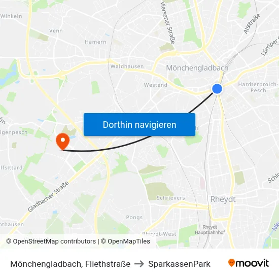 Mönchengladbach, Fliethstraße to SparkassenPark map