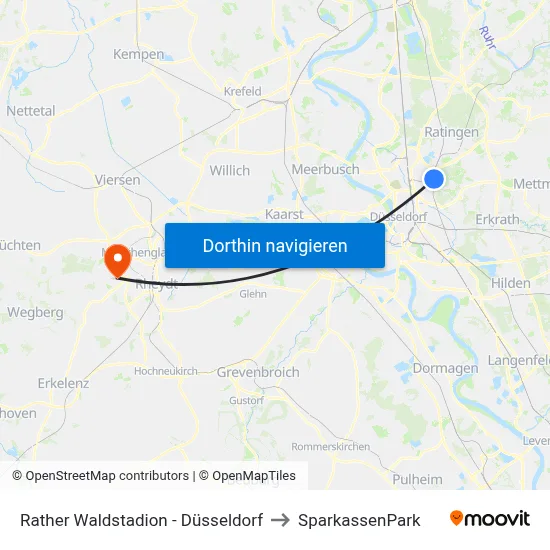 Rather Waldstadion - Düsseldorf to SparkassenPark map