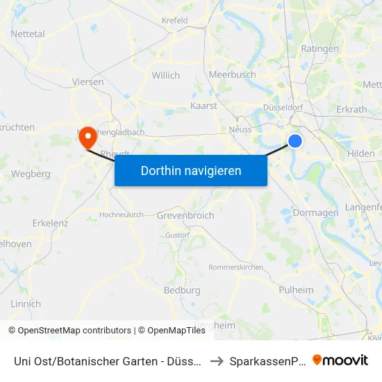 Uni Ost/Botanischer Garten - Düsseldorf to SparkassenPark map