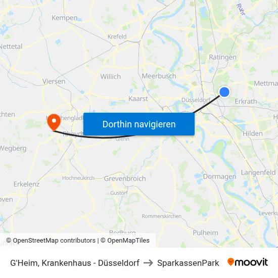G'Heim, Krankenhaus - Düsseldorf to SparkassenPark map