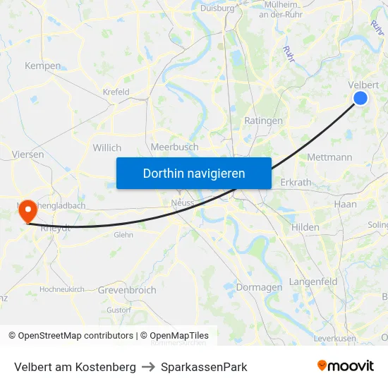 Velbert am Kostenberg to SparkassenPark map