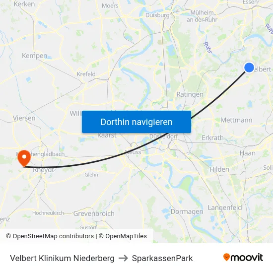 Velbert Klinikum Niederberg to SparkassenPark map