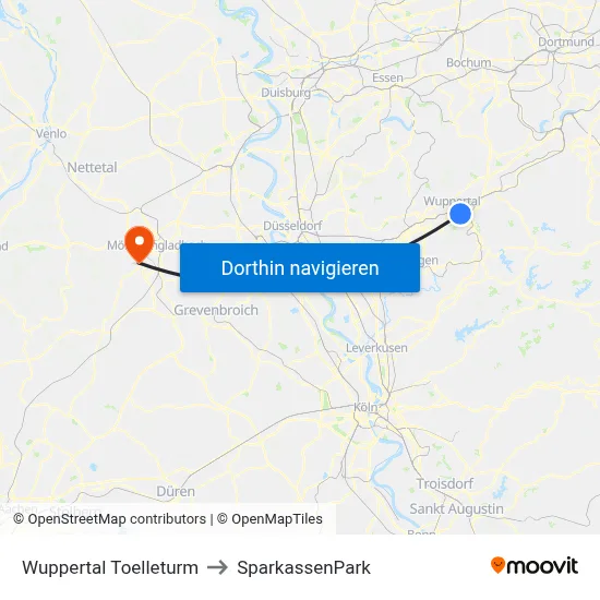 Wuppertal Toelleturm to SparkassenPark map