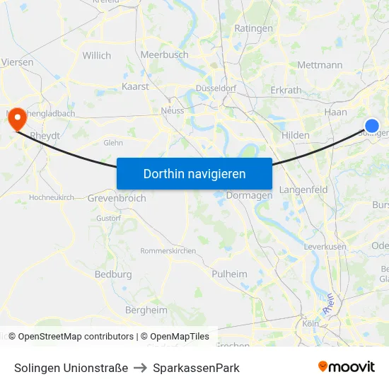 Solingen Unionstraße to SparkassenPark map