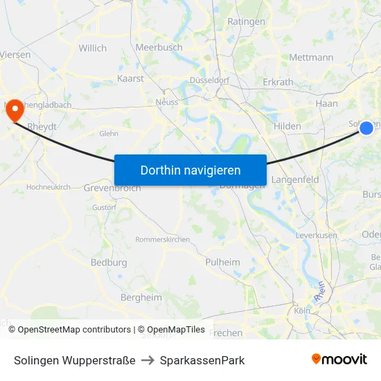 Solingen Wupperstraße to SparkassenPark map