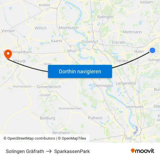Solingen Gräfrath to SparkassenPark map