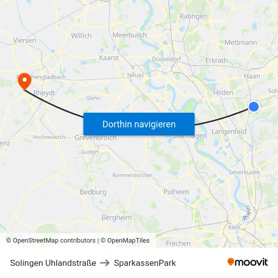 Solingen Uhlandstraße to SparkassenPark map
