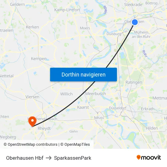 Oberhausen Hbf to SparkassenPark map
