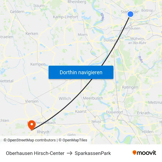 Oberhausen Hirsch-Center to SparkassenPark map