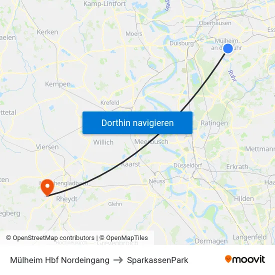Mülheim Hbf Nordeingang to SparkassenPark map