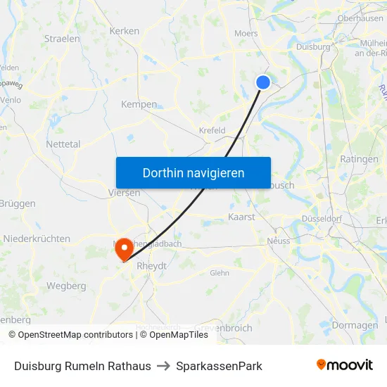 Duisburg Rumeln Rathaus to SparkassenPark map