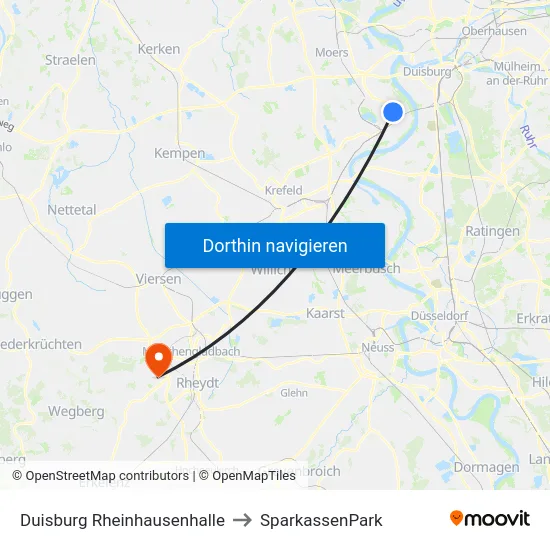 Duisburg Rheinhausenhalle to SparkassenPark map