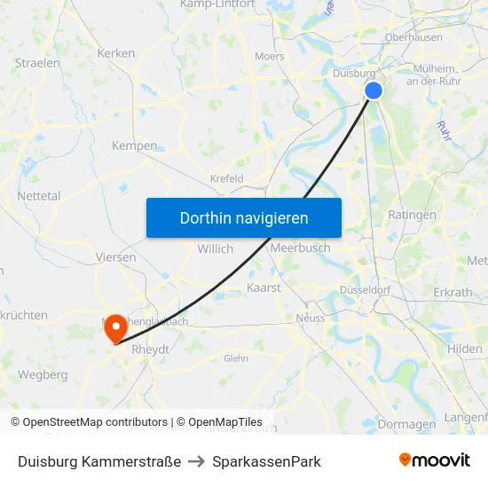 Duisburg Kammerstraße to SparkassenPark map