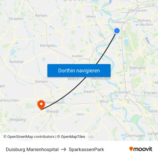 Duisburg Marienhospital to SparkassenPark map