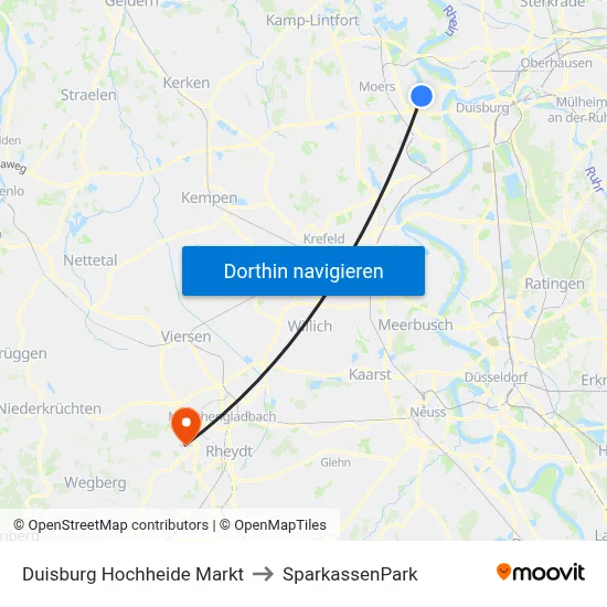 Duisburg Hochheide Markt to SparkassenPark map