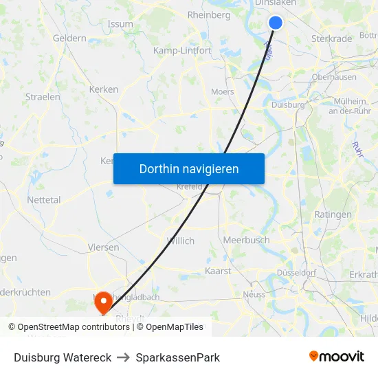 Duisburg Watereck to SparkassenPark map