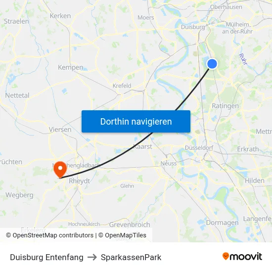 Duisburg Entenfang to SparkassenPark map