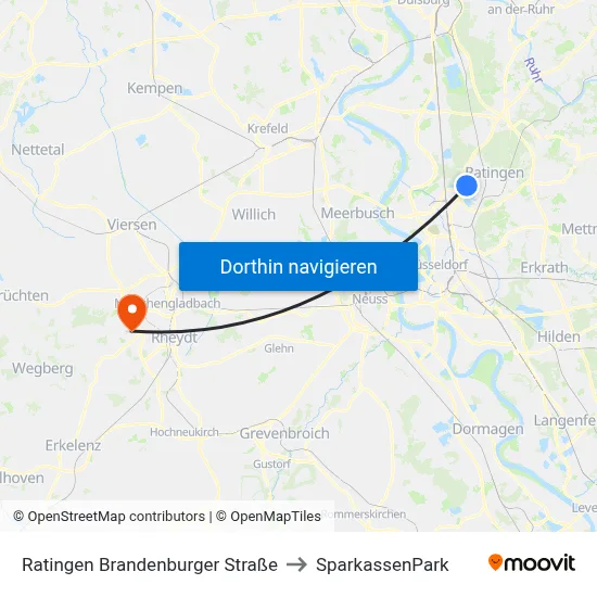 Ratingen Brandenburger Straße to SparkassenPark map
