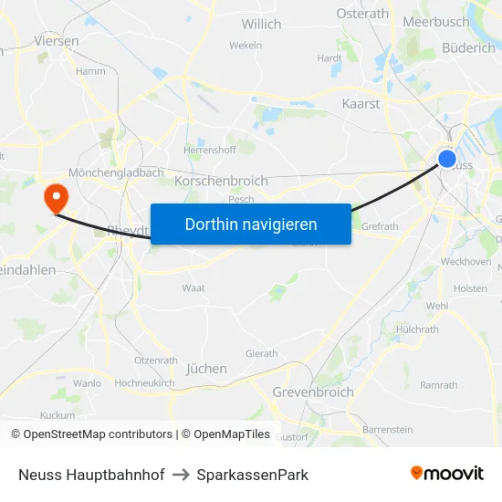Neuss Hauptbahnhof to SparkassenPark map