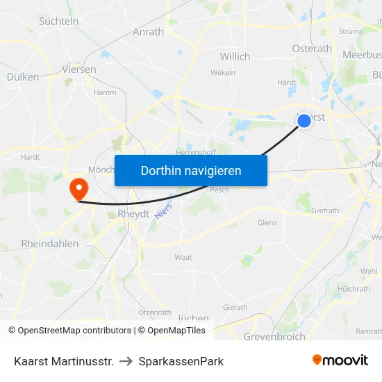 Kaarst Martinusstr. to SparkassenPark map