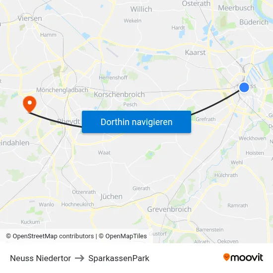 Neuss Niedertor to SparkassenPark map