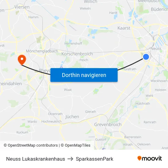 Neuss Lukaskrankenhaus to SparkassenPark map