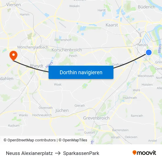 Neuss Alexianerplatz to SparkassenPark map