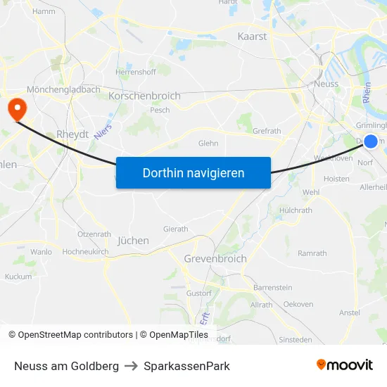 Neuss am Goldberg to SparkassenPark map