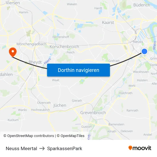Neuss Meertal to SparkassenPark map