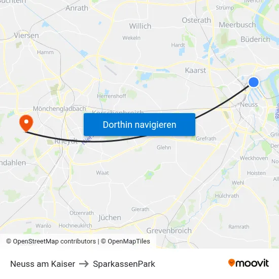 Neuss am Kaiser to SparkassenPark map