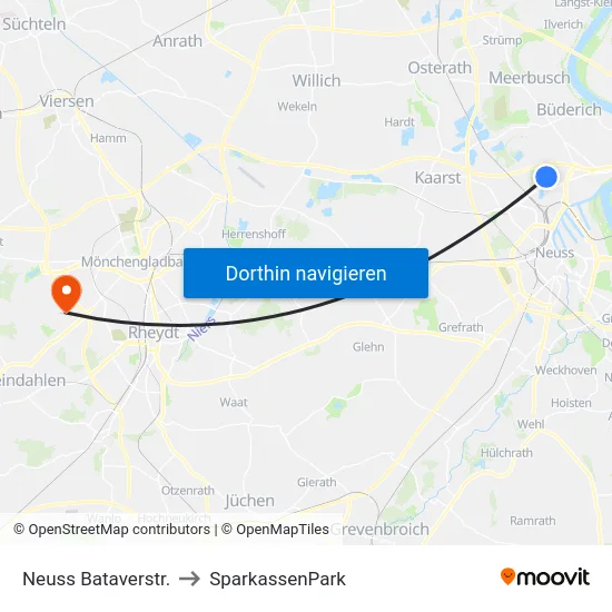 Neuss Bataverstr. to SparkassenPark map