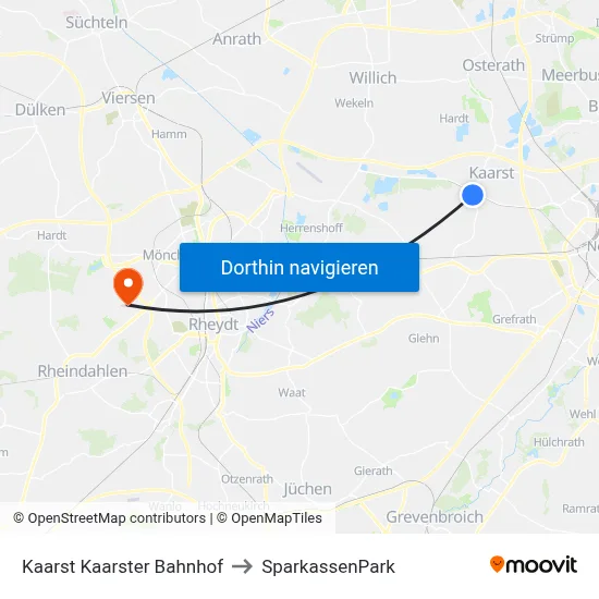 Kaarst Kaarster Bahnhof to SparkassenPark map