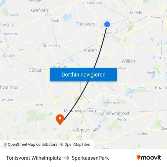 Tönisvorst Wilhelmplatz to SparkassenPark map