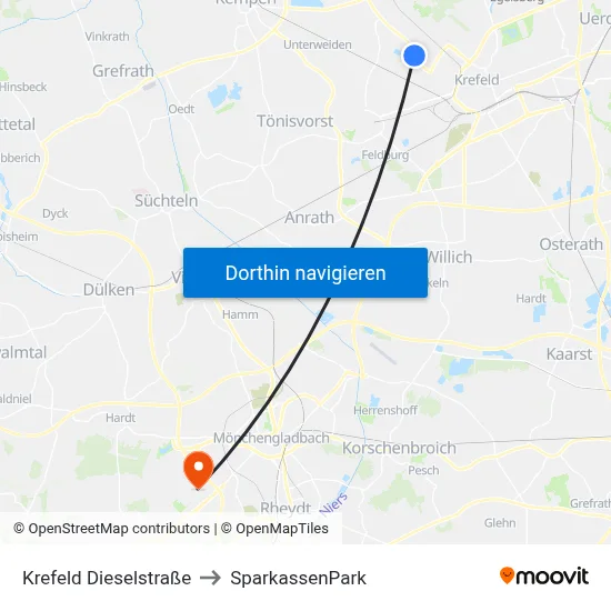Krefeld Dieselstraße to SparkassenPark map