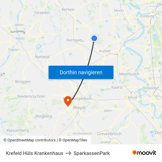 Krefeld Hüls Krankenhaus to SparkassenPark map