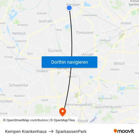Kempen Krankenhaus to SparkassenPark map