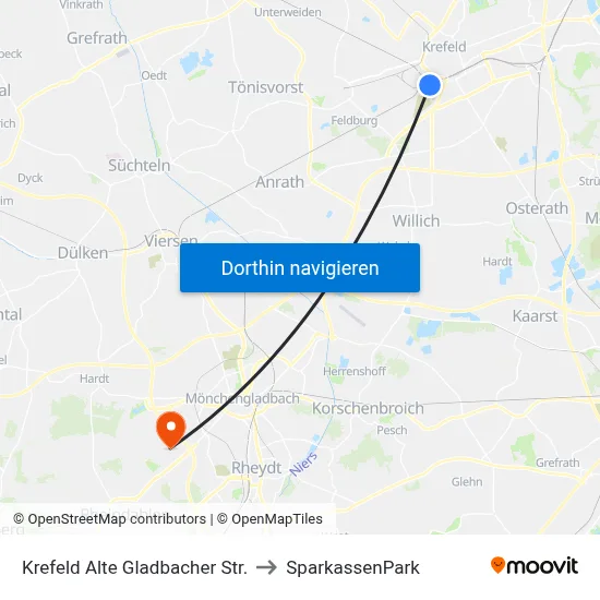 Krefeld Alte Gladbacher Str. to SparkassenPark map