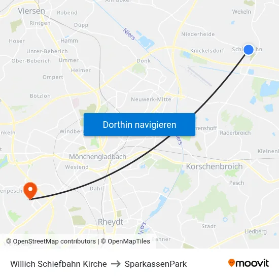 Willich Schiefbahn Kirche to SparkassenPark map