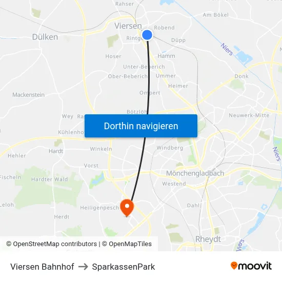 Viersen Bahnhof to SparkassenPark map