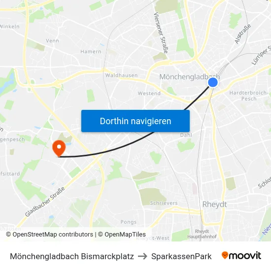 Mönchengladbach Bismarckplatz to SparkassenPark map