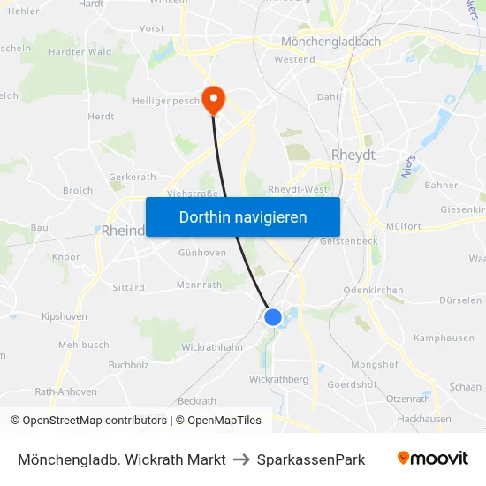 Mönchengladb. Wickrath Markt to SparkassenPark map