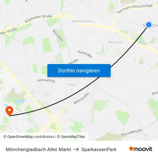 Mönchengladbach Alter Markt to SparkassenPark map