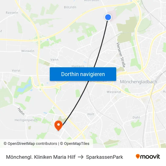 Mönchengl. Kliniken Maria Hilf to SparkassenPark map