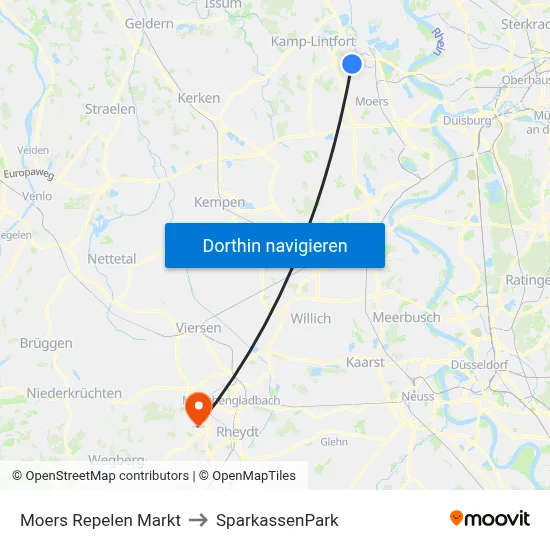 Moers Repelen Markt to SparkassenPark map