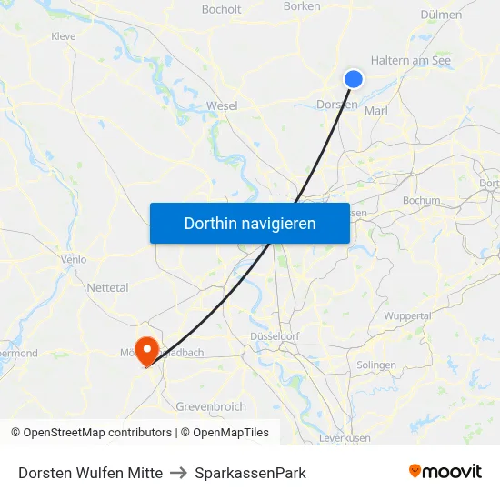 Dorsten Wulfen Mitte to SparkassenPark map