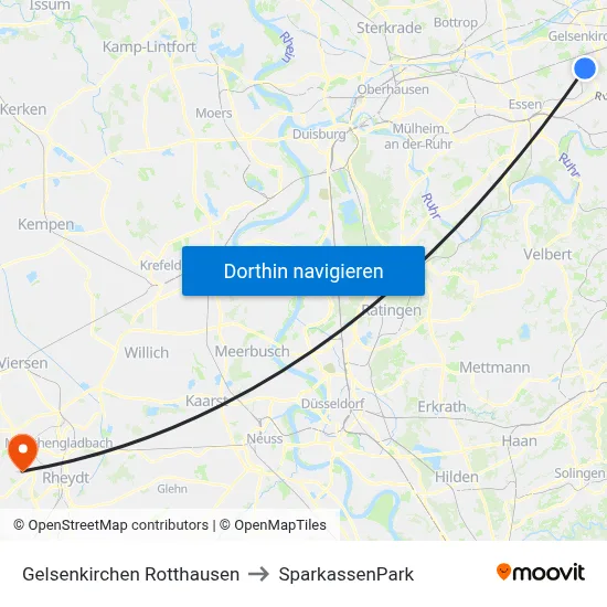 Gelsenkirchen Rotthausen to SparkassenPark map