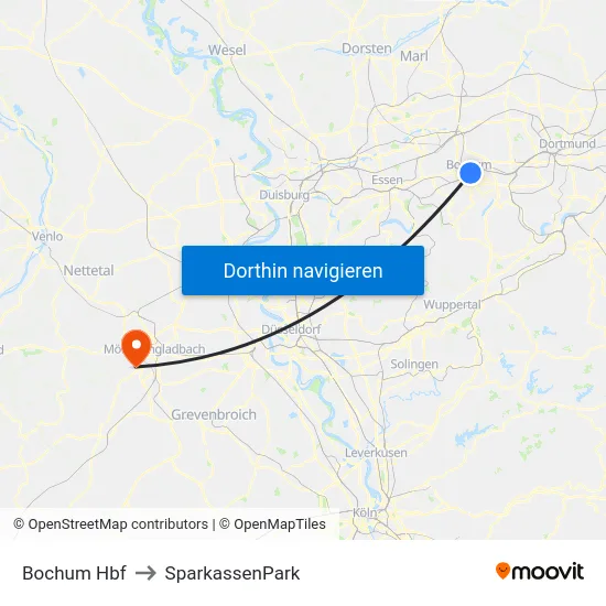 Bochum Hbf to SparkassenPark map