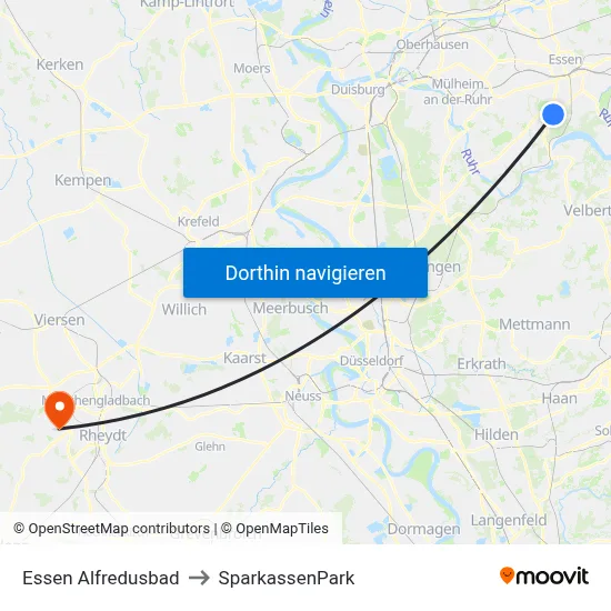 Essen Alfredusbad to SparkassenPark map
