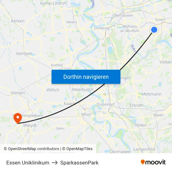 Essen Uniklinikum to SparkassenPark map
