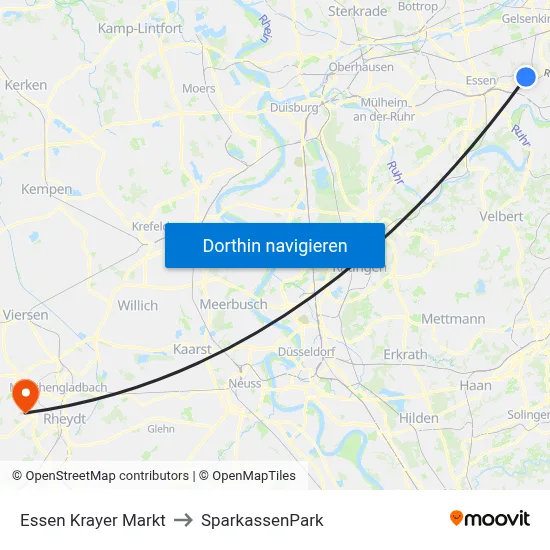 Essen Krayer Markt to SparkassenPark map
